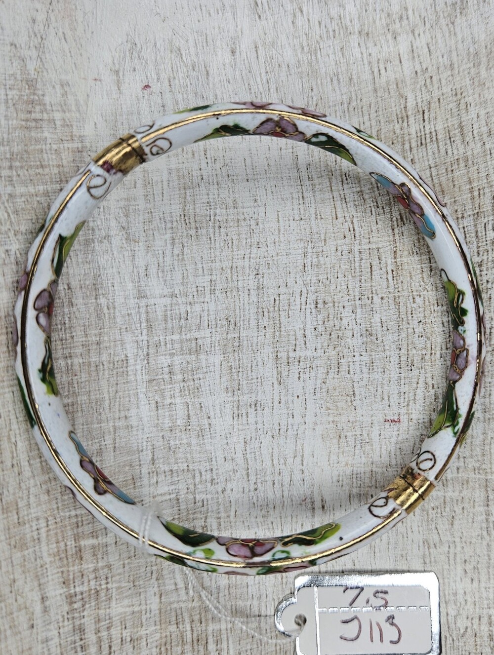 Vintage White Cloisonne Enamel Floral Bangle Bracelet Hinged Gold Clamper - Picture 7 of 12